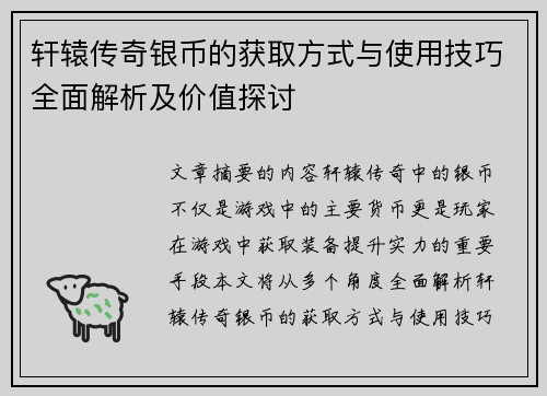 轩辕传奇银币的获取方式与使用技巧全面解析及价值探讨